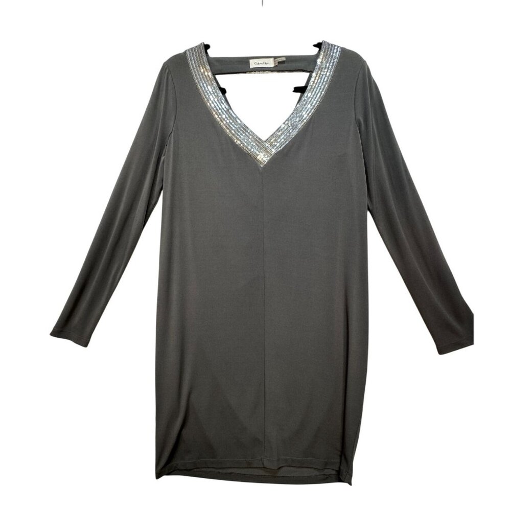 Calvin Klein Womens Sequin Knit Event Shift Dress Size 10 Black V-Neck
